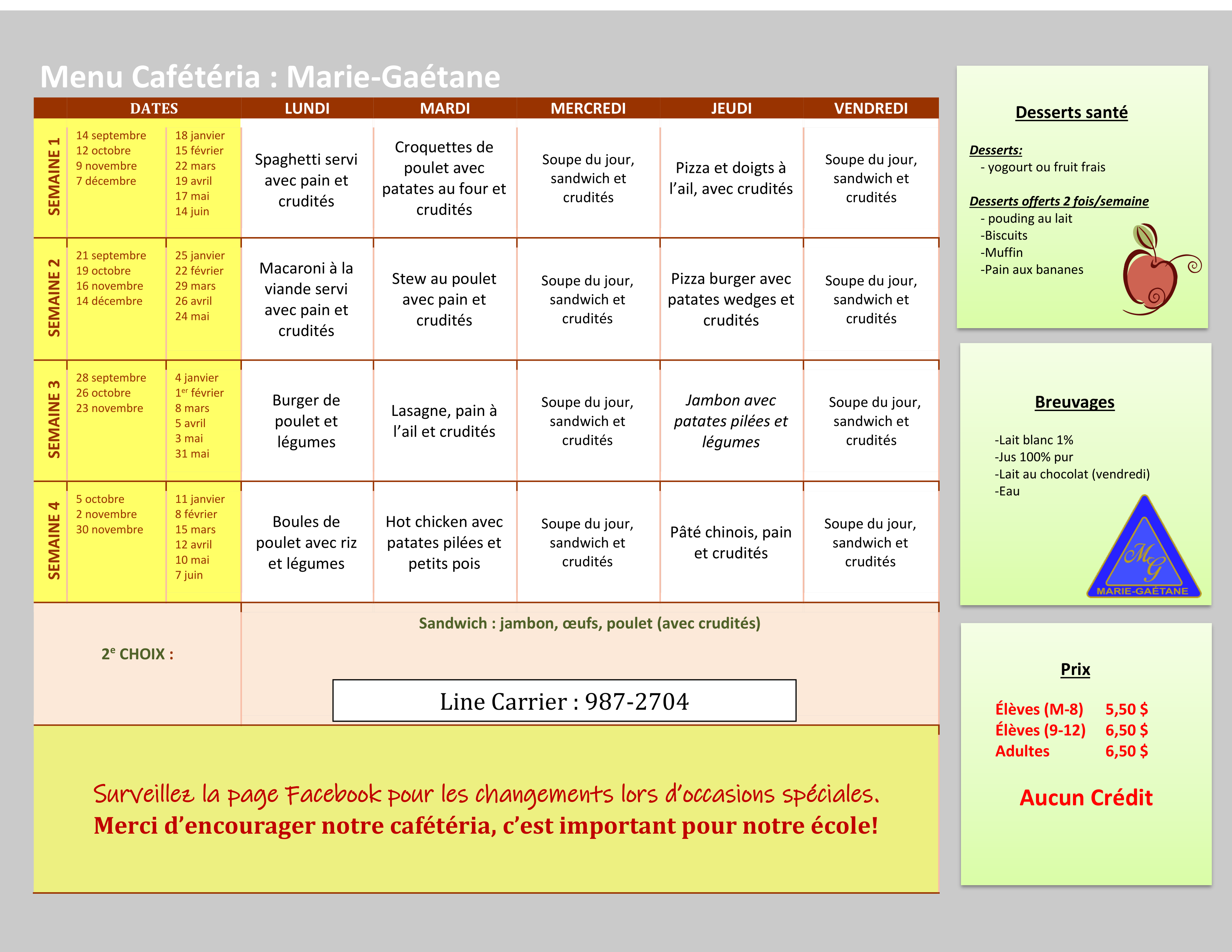 Menu Cafétéria 2020-2021