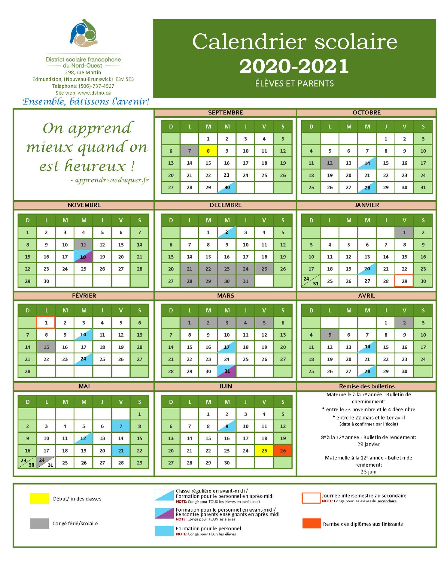 Calendrier Scolaire 2020 à 2021